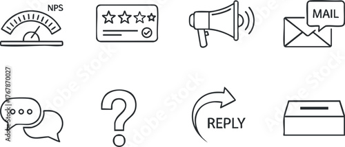 Icons representing customer feedback, communication, and engagement through surveys and messages.