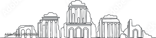 Outline illustration of famous historical landmarks and monuments from various cultures.