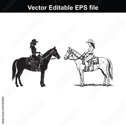 Two cowgirls on horseback, one in silhouette and one in line art