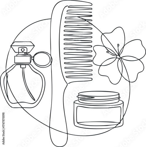 A minimalist line art illustration featuring beauty products like perfume, cream, and a comb.