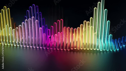 Colorful sound wave visualization with neon tubes on a dark reflective surface