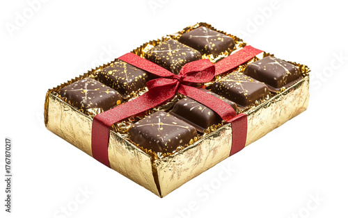 Wrapped box of Christmas chocolates with holiday themed decorations for festive gifting isolated on transparent background PNG