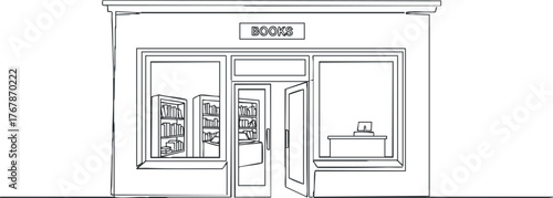 An illustrated storefront of a bookstore featuring large windows and a welcoming entrance.