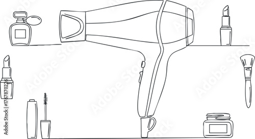 Minimalist line art illustration featuring a hairdryer and various beauty products like lipstick and perfume.