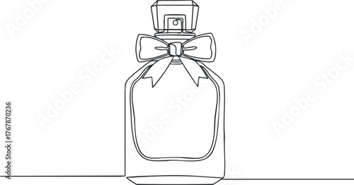 A minimalist line art illustration of a stylish perfume bottle with a bow.