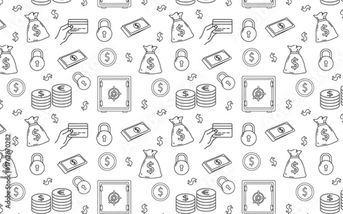 Seamless money and security icon pattern with wallet, lock, credit card, coins, cash, and safe symbols in line vector style.