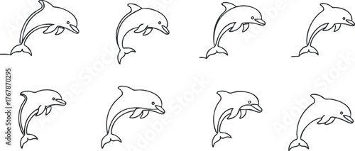A collection of playful dolphin illustrations showcasing their lively nature in a simple design.