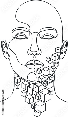 Abstract line art illustration of a human face with geometric cubes representing technology.