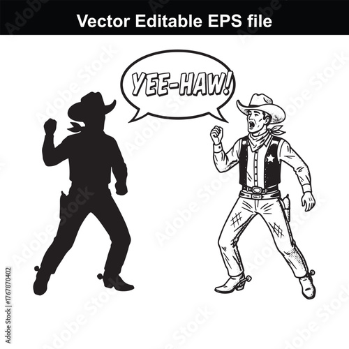 Two cowboys, one in silhouette and the other in a detailed drawing, facing each other with speech bubbles saying yeehaw