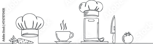A minimalist line art illustration of kitchen items including a chef hat, coffee cup, and vegetables.