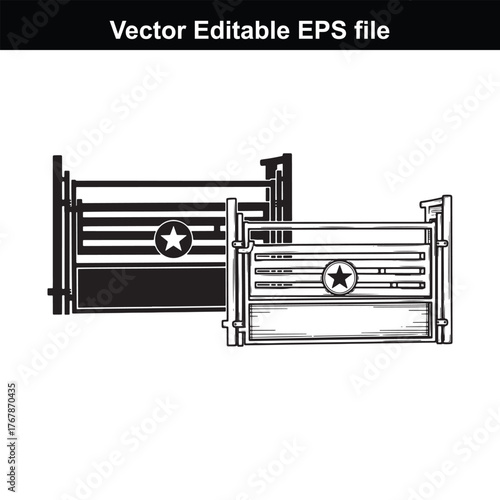 Two rodeo gates shown side by side, one in silhouette and the other in a detailed sketch