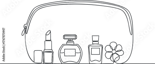 A stylish line art illustration of a cosmetic bag with various beauty products inside.
