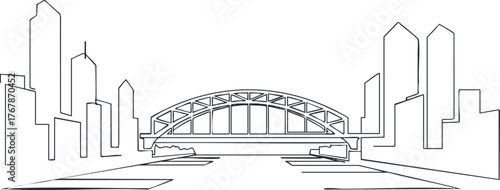 Minimalistic line art of a bridge and city skyline with a river in the foreground.