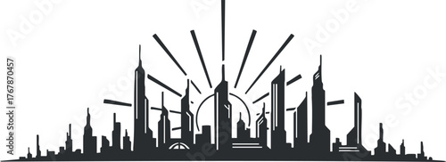 A modern city skyline silhouette with rising sun rays creating a stunning urban landscape.