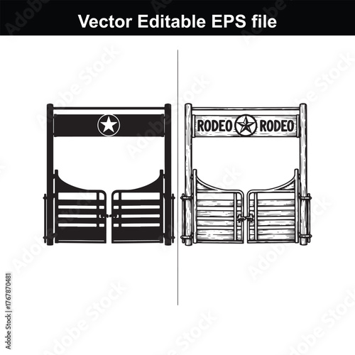 Vector illustration of a rodeo gate in black and white, with a star emblem and the word rodeo