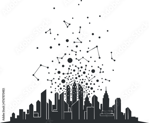 Abstract city skyline illustration with dots and connections representing technology and urban life.