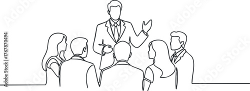 A professional business meeting illustration with a presenter engaging a team of six individuals.