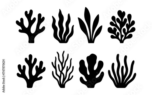 Set of black seaweed and coral icons in different shapes. Flat marine plant silhouettes isolated on white. Design for sticker, print, postcard, banner.