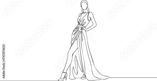 Stylish fashion illustration of a model wearing an elegant dress with a flowing design.