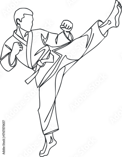 A dynamic line art illustration of a karate practitioner executing a high kick in martial arts.