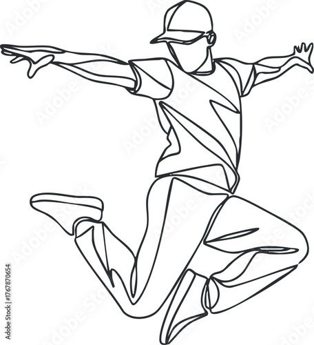 A dynamic line art illustration of a dancer jumping with energy and style.