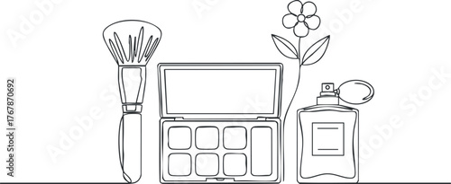 A minimalist line art illustration of makeup items including a brush, palette, perfume, and flower.
