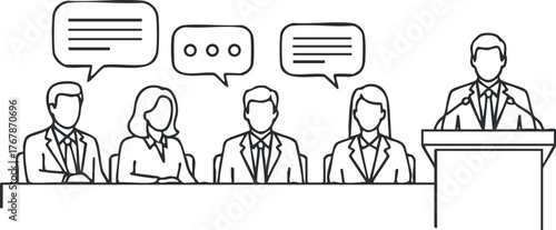 A group of people engaged in a business presentation with a speaker at a podium.