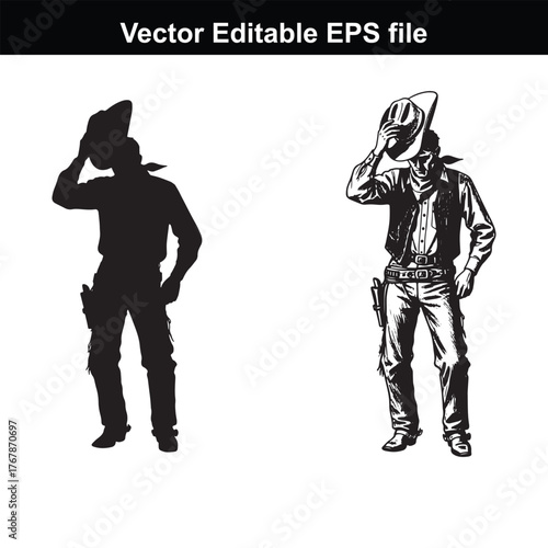 Silhouette and detailed illustration of a cowboy tipping his hat
