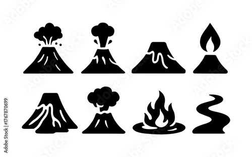 Set of black volcano and lava icons in flat style. Eruption, magma and geology symbols isolated on white. Design for print, sticker, postcard, banner.