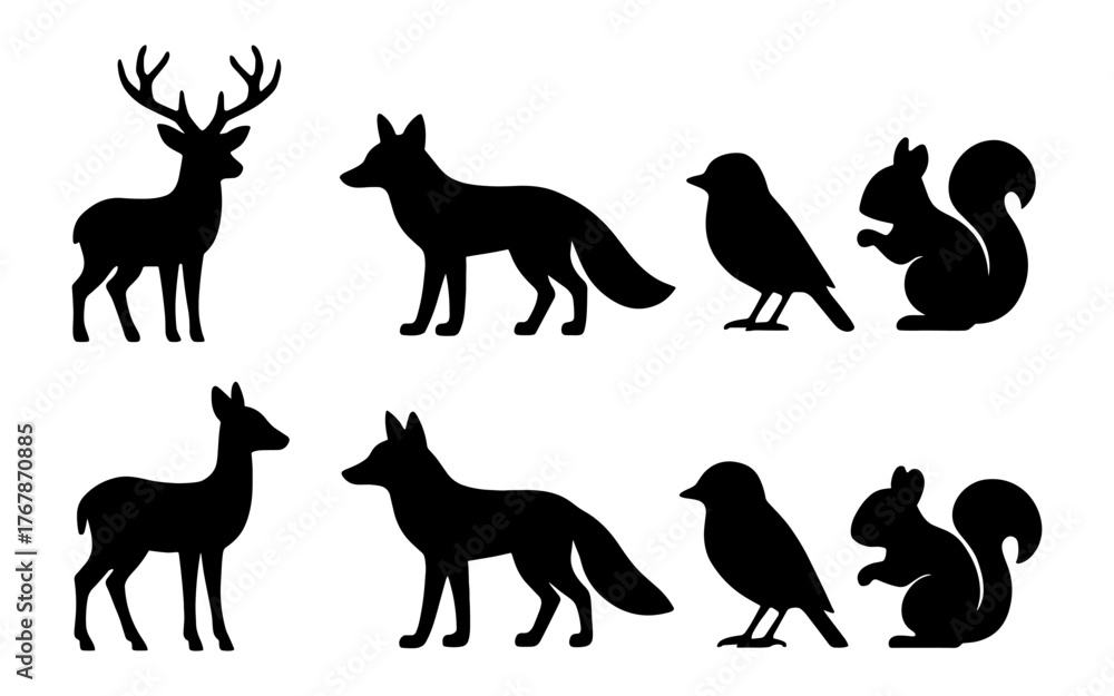 Obraz premium Set of black forest animal icons including deer, fox, bird, and squirrel. Flat wildlife silhouettes on white. Design for print, sticker, postcard, banner.