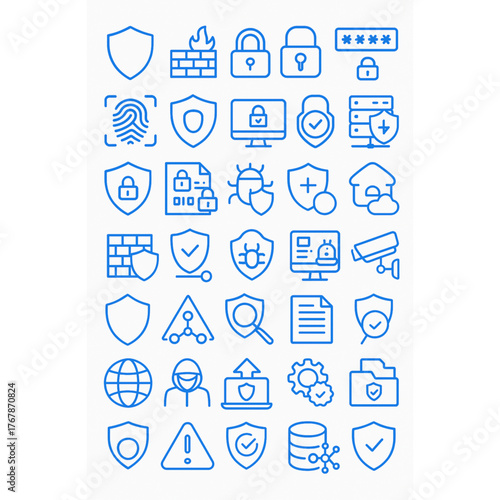 Cybersecurity Shield and Firewall Icon Set – Data Protection, Network Security, and Privacy Defense Vector