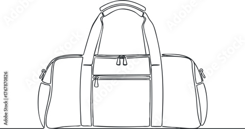 Minimalist line drawing of a stylish duffel bag ideal for travel and sports.