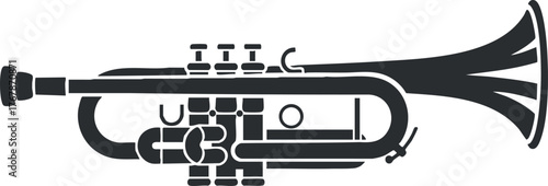 A sleek black and white illustration of a trumpet showcasing its design and musical features.