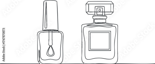 Outline illustration of a nail polish and a perfume bottle representing beauty and cosmetics.