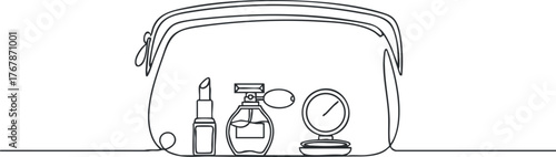A minimalistic line art illustration of a makeup bag with beauty products inside.