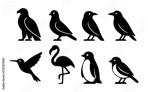 Set of black bird icons including eagle, dove, parrot, crow, hummingbird, flamingo, penguin, sparrow. Flat vector silhouettes for sticker, print, postcard, banner.