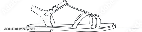 A minimalist line drawing of a stylish summer sandal with elegant straps and buckle.