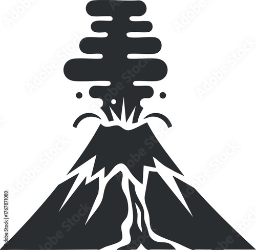 A stylized illustration of a volcano erupting with smoke and lava in a dramatic scene.