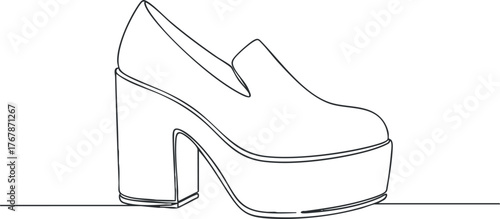 A minimalist line art illustration of a stylish high heel platform shoe design.
