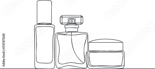 Minimalist line art illustration of cosmetic bottles including perfume and skincare products.