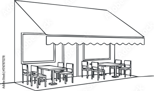 Line art illustration of a restaurant exterior featuring tables and chairs in an outdoor setting.