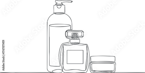 Line art illustration of beauty products including lotion, perfume, and cream jars.
