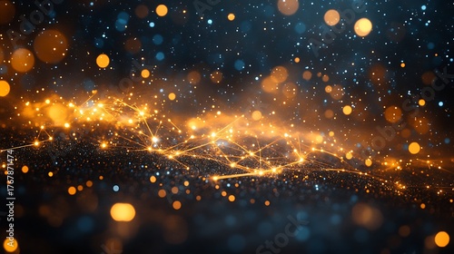 Sparkling network of glowing lines and dots in orange and blue tones. Futuristic abstract background with motion, light particles and depth