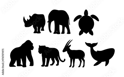 Silhouettes of wild animals including rhino, elephant, sea turtle, gorilla, tiger, antelope, and whale in black vector style.