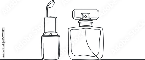 A minimalist line art illustration featuring a lipstick and a perfume bottle.