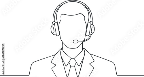 Line drawing of a male customer service agent wearing a headset in a professional setting.