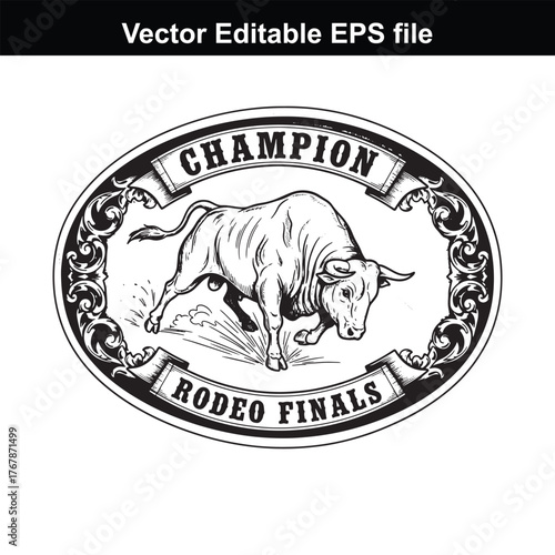Champion rodeo finals bull emblem with ornate scrollwork