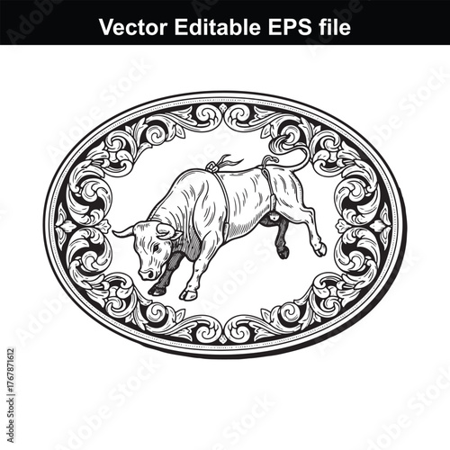 Vintage bull emblem with ornate scrollwork frame