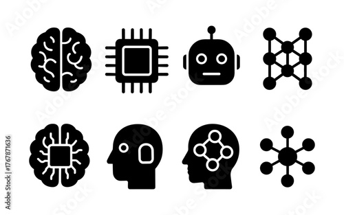 Black AI icon set featuring brains, microchips, neural networks, robots, and human profiles representing artificial intelligence and machine learning.