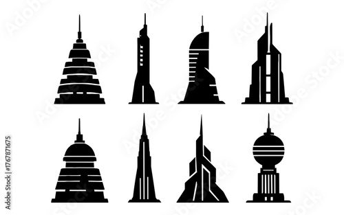 Black city skyline icon set featuring modern skyscrapers, towers, and high-rise buildings in urban architecture silhouettes.